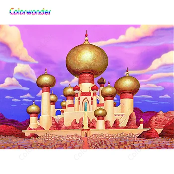 

Fairy Tale World Photography Ancient Brick Castle with Golden Housetop Red Moutains Purple Sky with Clouds Backgrounds Backdrops