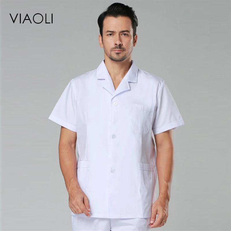 VIAOLI short Sleeve men Medical Coat Uniform Medical Lab Coat Hospital Doctor Clothes suit collar White and blue lab coat