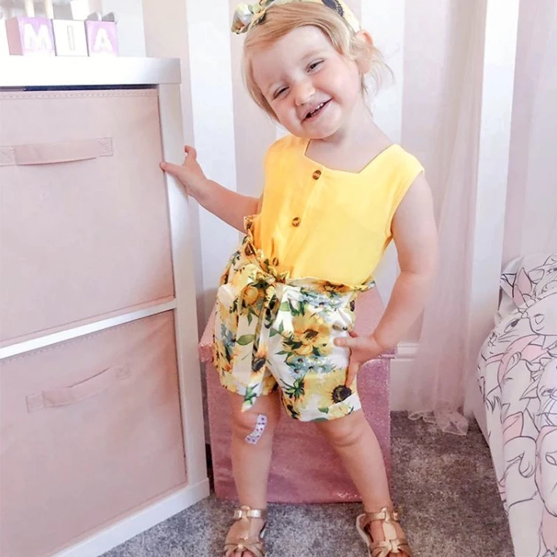 

Sunflower 3 PCS Baby Girl Clothes Sleeveless Tank Top+Skirt+Headband Summer Ruffle Toddler Girl Clothing Cotton Kids Clothes H50