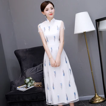 

White Lady Mandarin Collar Evening Party Maxi Gown Elegant Flower Chenongsam Noble Chinese Dress Sexy Qipao Exquisite Vestidos