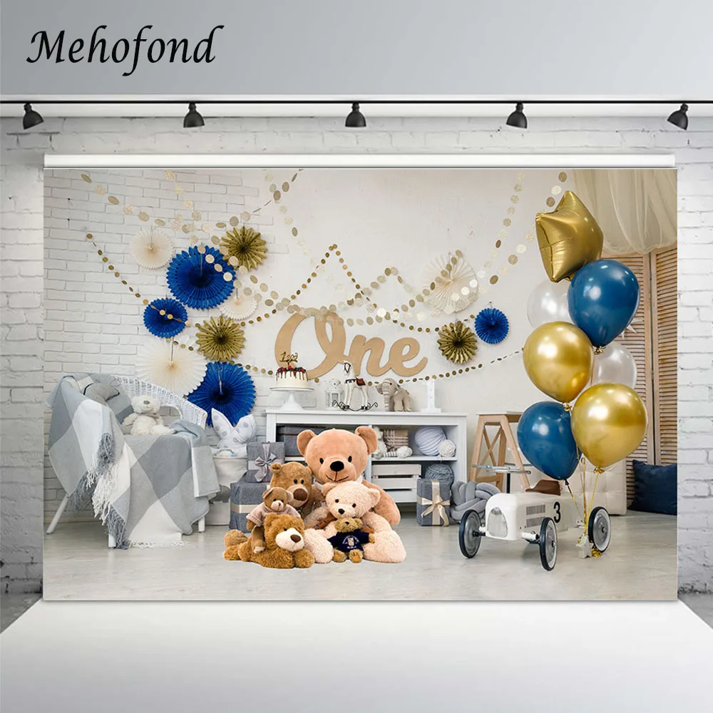 

Mehofond Photography Background 1st Birthday Party Balloons Bear Toy Boy Backdrop For Photo Studio Photocall Photozone Banner