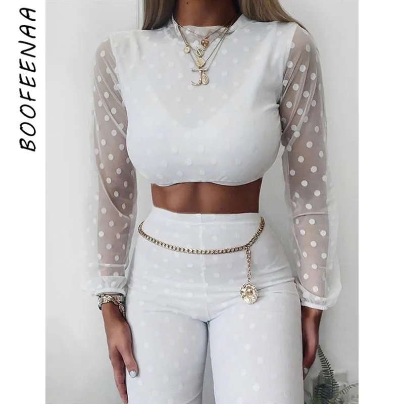 

BOOFEENAA Polka Dot Mesh Sexy Long Sleeve Two Piece Set Top and Pants Bodycon Matching Sets Club Outfits Fall 2019 C76-AD20