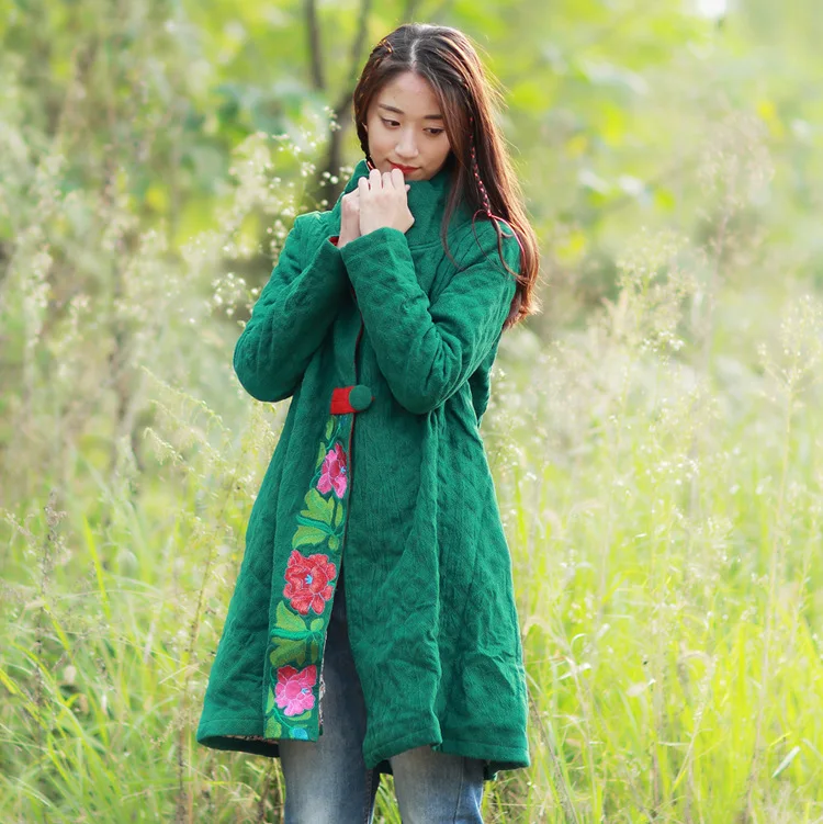 

Chuan shuo zhi yi Ethnic-Style Origional Winter WOMEN'S Dress High Quality Cotton Linen Embroidered Waist Hugging Overcoat Cotto