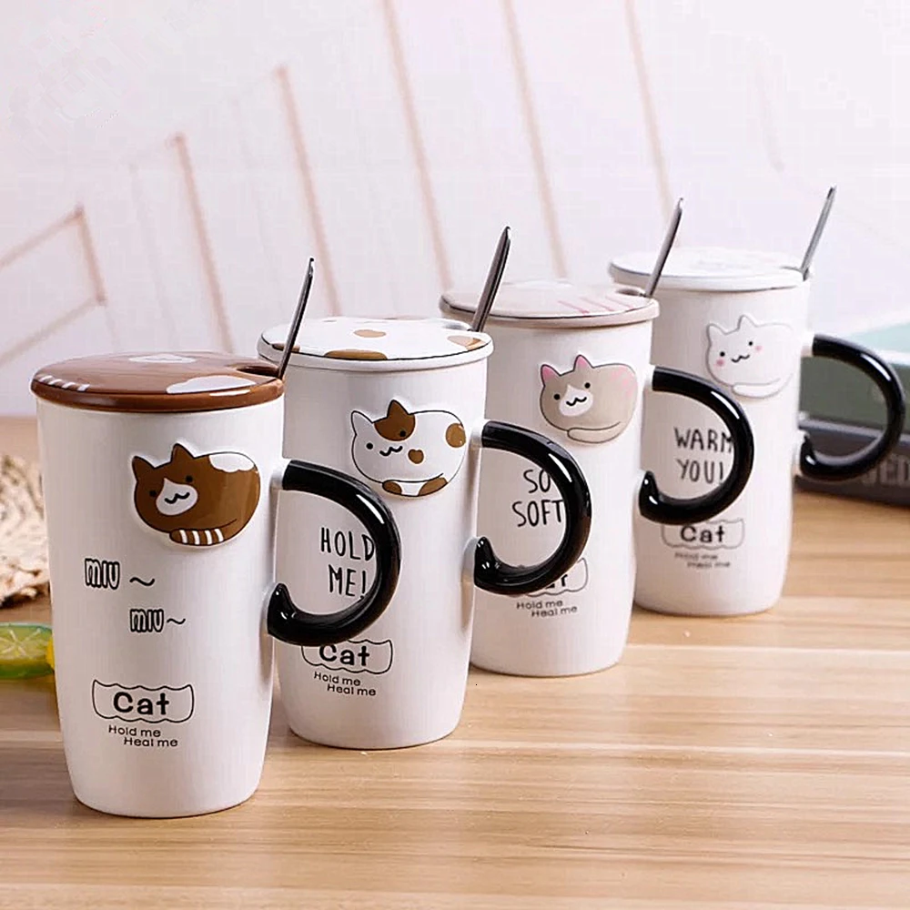 Cute Cat Ceramics Coffee Mug With Lid Large Capacity Animal Mugs creative Drinkware Coffee Tea Cups Novelty Gifts milk cup (4)