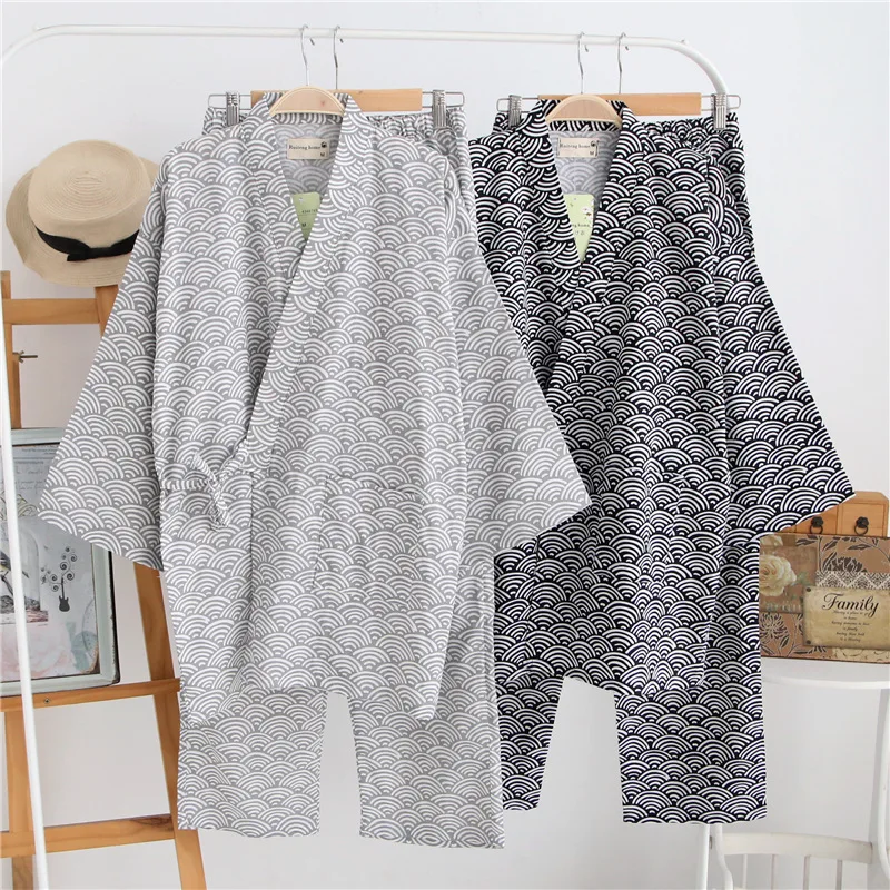 Summer Men's Womens Kimono Pajamas Sets 100% Cotton Double-deck Gauze Men Sleep Nightly Geometric Patterns Homewear Sleepwear