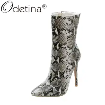 

Odetina Women Zipper High Heel Stilettos Snakeskin Autumn Winter Pointed Toe Ankle Boots Ladies Elegant Dress Shoes Big Size 48