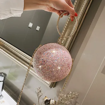 

2020 Women Evening Day Clutch Colorful Crystal Diamonds Round Ball Shaped Clutches Lady Handbag Wedding Purse Chain Shoulder Bag