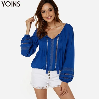 

YOINS Women Sexy Blouses Shirts 2020 Spring Autumn V Neck Lace-up Solid Tops Hollow Out Long Sleeves Casual Blusas Femininas