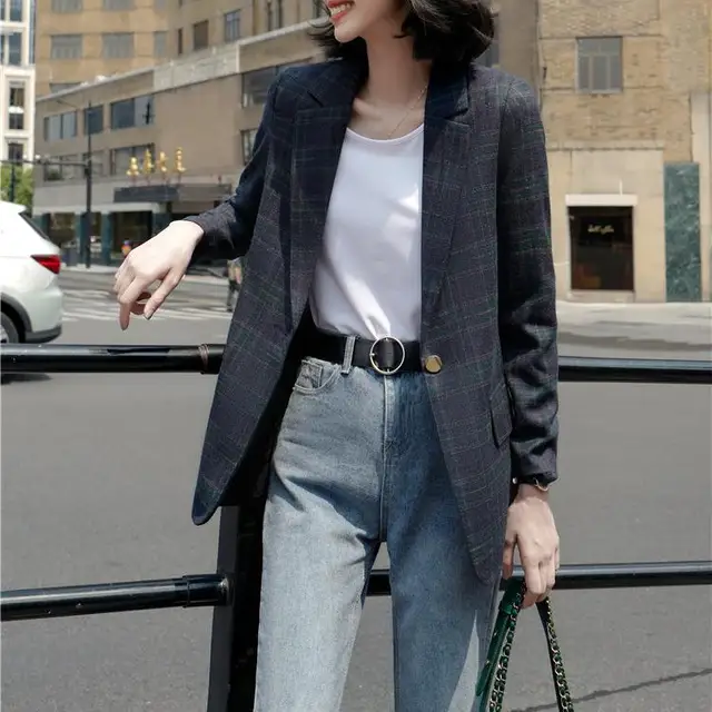 Lauri Laki New Plaid Office Lady Blazer Women Elegant Work Wear Lattice Black Blazer Jacket Maxi Autumn Outwear Chic
