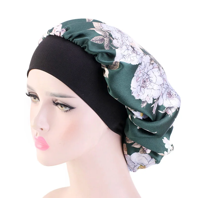 Satin Bonnets for Women Black Wide Elastic Band Floral Print Silky