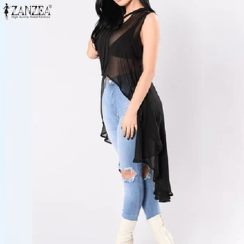 

ZANZEA Women V neck Chiffon Blouse Summer Sexy See-through Top Sleeveless Transparent Shirt Black Tanks Top Irregular Hem Blusa7