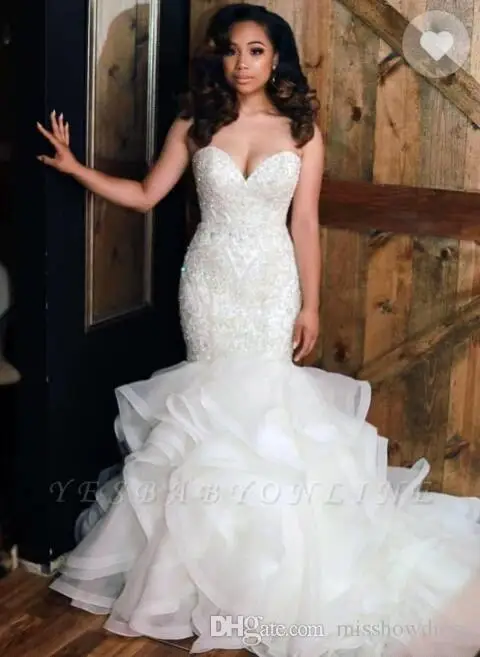 2020 Sweetheart Organza Mermaid Wedding Dresses Bead Stones Top Layered Ruffles Plus Size Bridal Gowns robe de mariee | Свадьбы и