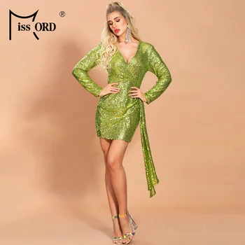 

Missord 2020 Women Sexy V Neck Long Sleeve Sequin Dresses Female Elegant Mini Bodycon Dress FT20106