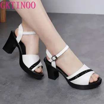 

GKTINOO 8cm High Heels Sandals Women Genuine Leather Shoes Rhinestone Sandals Platform 2020 New Open Toe women sandals