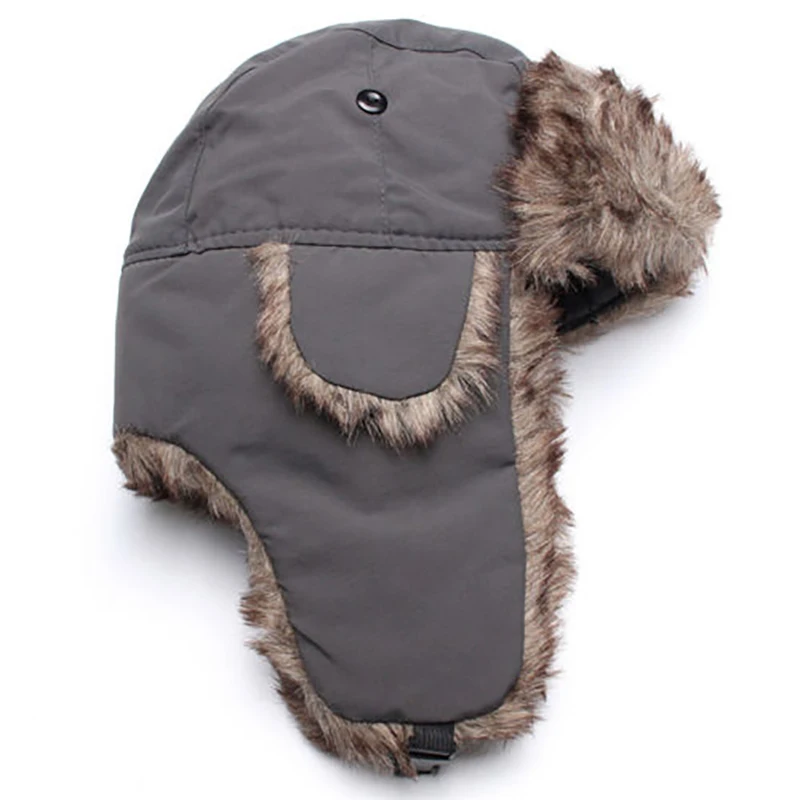 Gray Ski Cap Riding Cap Earmuffs Fur Bomber Men Women Winter Russian Adult Sun Visors Snow Cap - Цвет: Gray