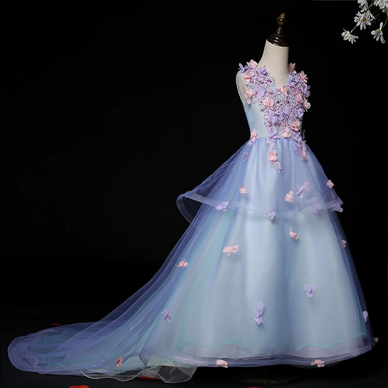 Appliques Tulle Flower Girl Dress Kids Pageant Evening Gown Party Beading Lace Princess Wedding First Communion Clothes