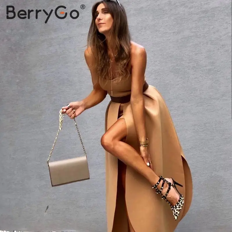 BerryGo элегантное вечернее платье для вечеринки, женское сексуальное осеннее сплошная шикарная Женская Макси-платье с высокой талией без бретелек, длинное лоскутное платье