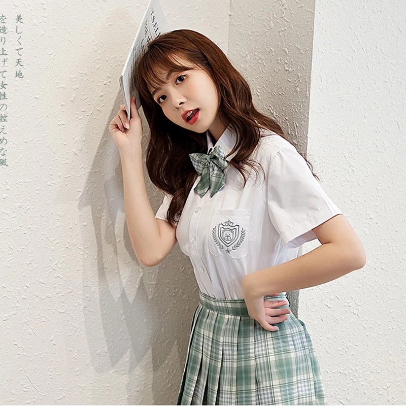 

JK Uniform Blouse Summer 2021 Women Shirt Ladies' School Uniform Shirt Cute Blouse Embroidered Bear Shirt Student Uniform