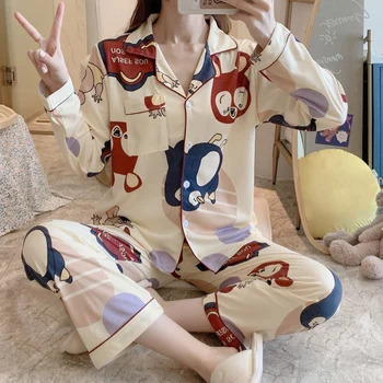 

Ladies Lapel Cardigan Milk Fiber Cartoon Casual Pajamas Suit High Quality New Arrivals 2020