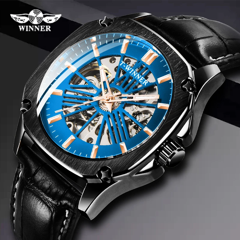 

WINNER Square Design Transparent Genuine Black Belt Waterproof Skeleton Men Automatic Watches Top Brand Luxury Mechanical Clock