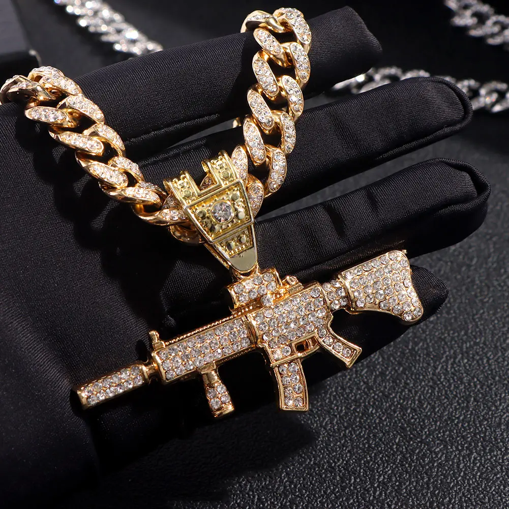 Unisex Iced Out Bling Submachine Gun Pendant Necklace 13mm Miami