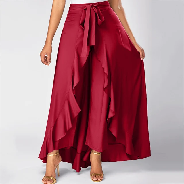 Women Palazzo Pant Summer Ruffle Drawstring Trouser Causal Loose Woman Pant Skirt Solid Irregular Chiffon Female High Waist Pant 3