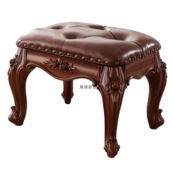 

American stool home living room square stool European carved leather stool sofa coffee table stool shoe bench