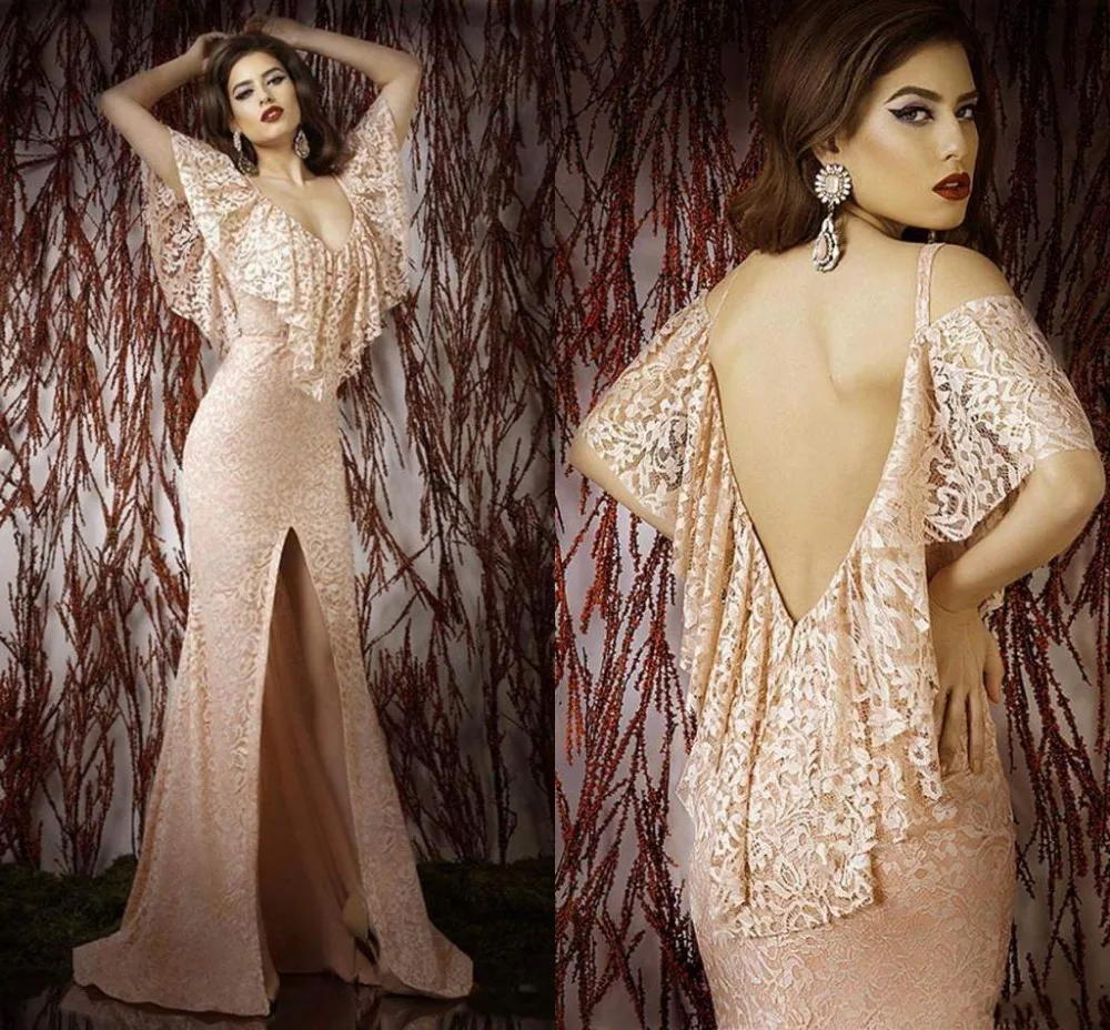 

Fashion 2018 Sexy backless Deep V-neck Backless Lace Prom party gown With Shawl Front Slit vestido de noiva bridesmaid dresses