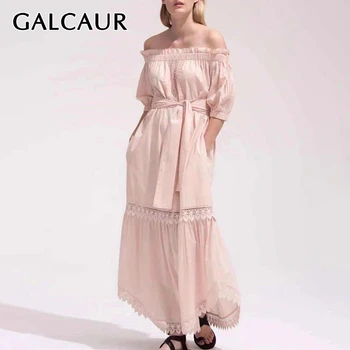 

GALCAUR Korean Elegant Dress Women Slash Neck Lantern Sleeve High Waist Sashes Bowknot Midi Dresses Female Spring Clothes 2020