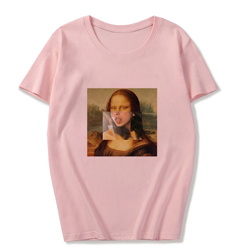 Летняя Новинка Mona Lisa And Van Gogh Забавный принт Повседневная индивидуальная эстетика уличная одежда спортивный костюм розовый Vogue Женская футболка