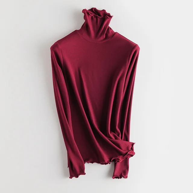 SuyaDream Women Bottoming T Shirt Real Silk Blend Long Sleeves Solid Basic Shirt 2021 Autumn Winter Turtleneck Top Wine Turtleneck