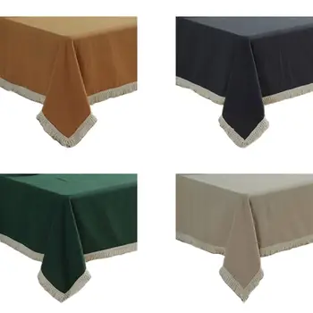 

European Simple Solid Color Tablecloth Washable Cotton Tassel Dustproof Multi-Purpose Table Cover for Kitchen Banquet