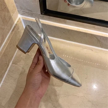 

Classics Women's Shoes Mixed Color Chunky Single Shoes Women Summer Patchwork Shallow Sandals Genuine Leather Slingback Sandals