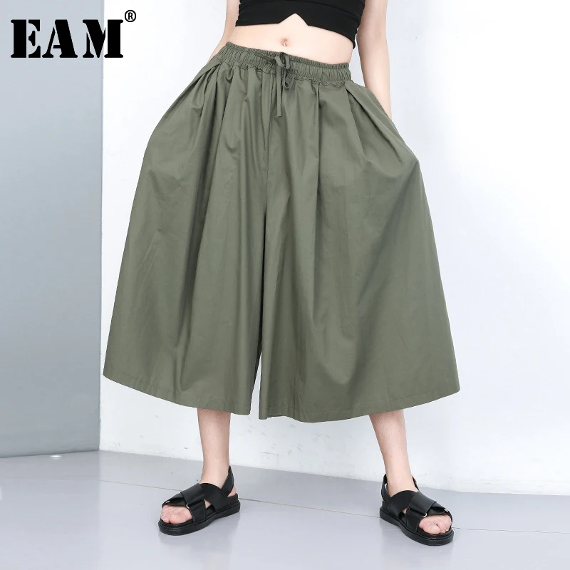 

[EAM] High Elastic Waist Green Multicolor Long Wide Leg Trousers New Loose Fit Pants Women Fashion Tide Spring Autumn 2020 JU671