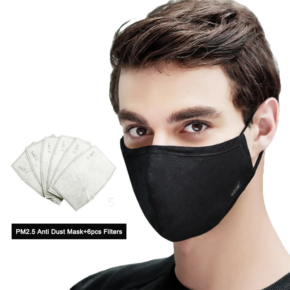 Kpop хлопок PM2.5 рот маска для лица против пыли маска с 6 шт. фильтр с активированным углем для мужчин и женщин корейский стиль рот муфельные маски - Цвет: Black Men