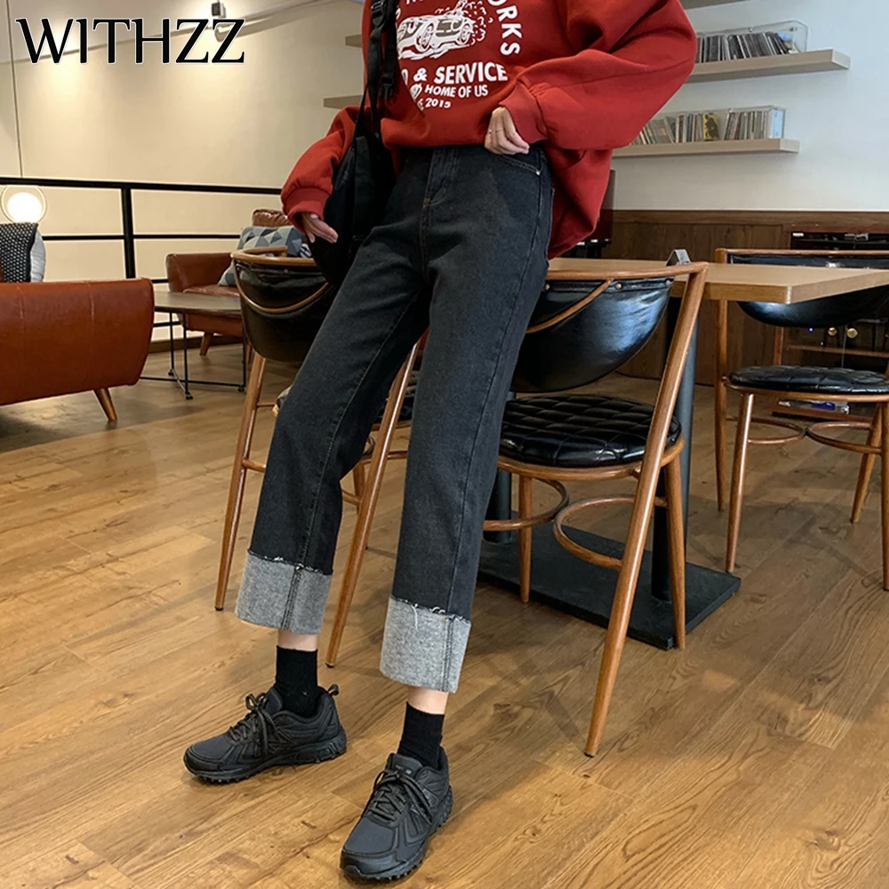 

WITHZZ Women's Autumn Winter High Waisted Velvet Straight Denim Trousers Wide Leg Pants Asian Size Jeans