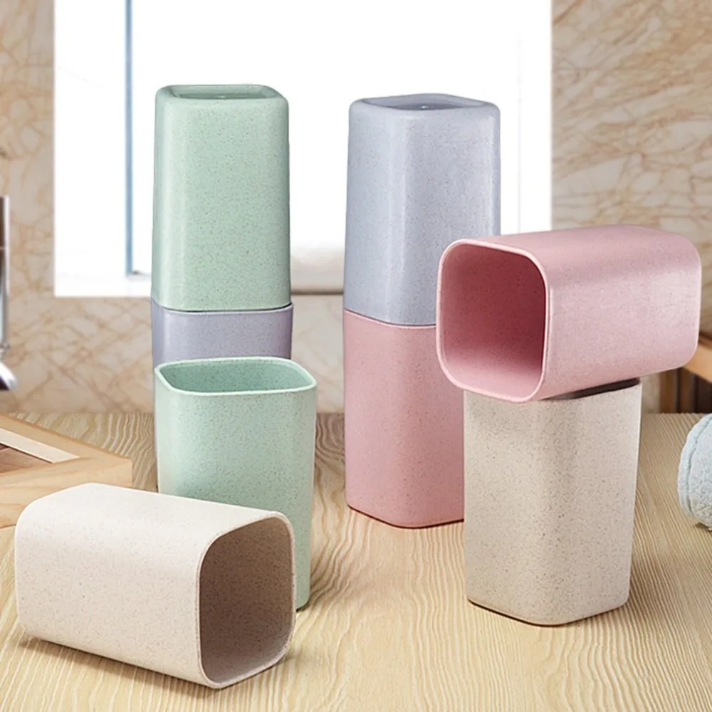 

Travel rCup Wheat Straw Toothbrush Holder Cup with Brush Bathroom Wash Cup Organizer Mug Mouthwash Cup Portable for Travel