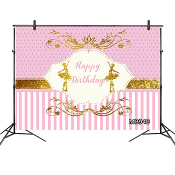 

Happy Birthday Backdrop Ballerina Girl Golden Pink Background Stripe Party Decoration Photo Background Photocall Photo Studio
