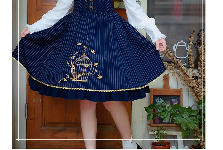 Prinses zoete lolita rokken Originele Ontwerp Lolita rokken Herfst Klassieke Gestreepte Kant Geborduurd Vogelkooi rokken HWK116