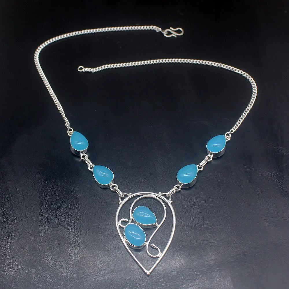 Gemstonefactory Jewelry Big Promotion 925 Silver Elegant New Arrival Blue Agate Prom Women Chain Necklace 46cm 202101374