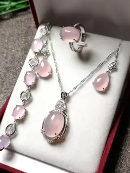 

natural S925 pink ice chalcedony silver plated suits sweet lady agate Ice round Ring water drop earrings Round gemstone pendant