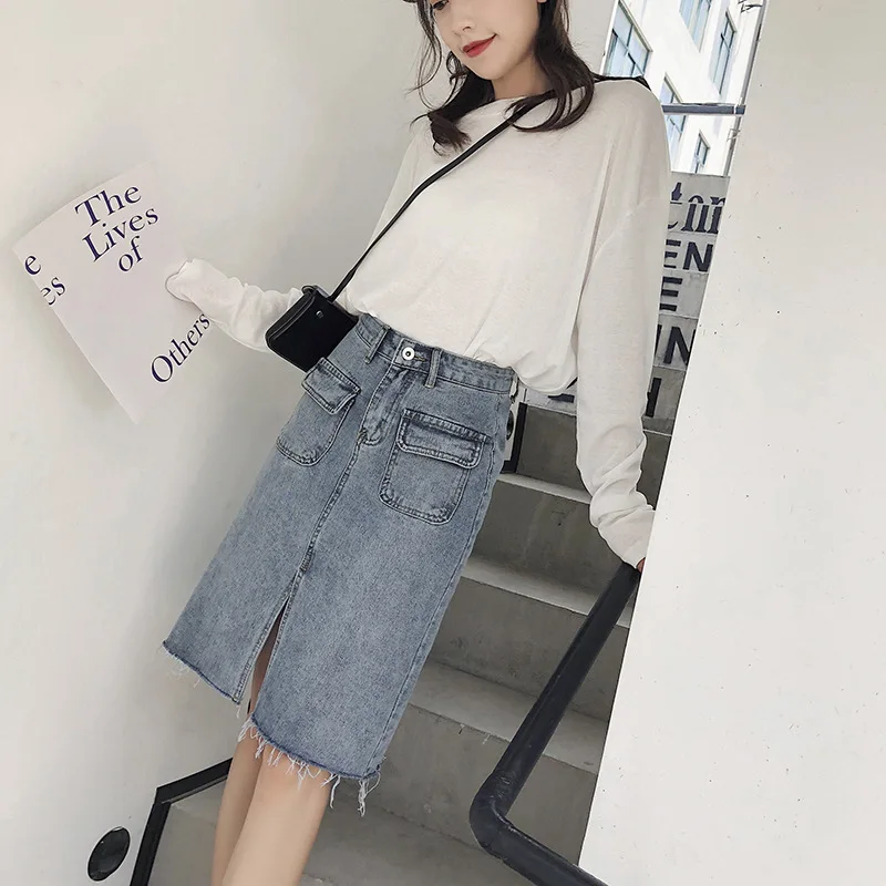 

Lguc.H Washed Denim Skirt 2019 Vintage Jeans Skirt High Waist Split Midi Skirt Fashion Casual Women Clothes XS Pocket Streetwear