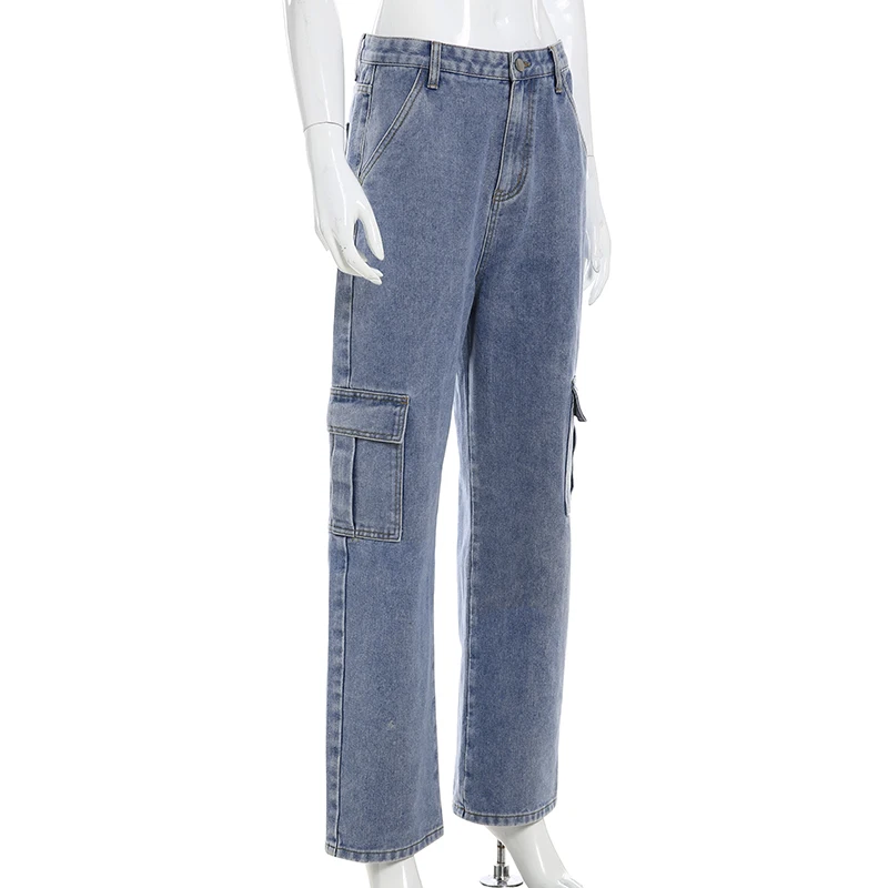 Weekeep Pockets Patchwork High Waist Jeans Women Streetwear Straight Jean Femme Blue 100% Cotton Cargo Pants Weekeep Pockets Patchwork High Waist Jeans Women Streetwear Straight Jean Femme Blue 100% Cotton Cargo Pants