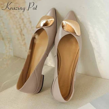 

Krazing pot beauty lady sweet elegant fashion genuine leather ladies shoes metal decorations pointed toe slip on solid pumps L20