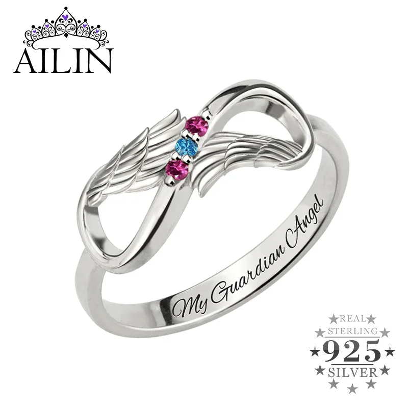 

AILIN 925 Sterling Silver Infinity Angel Wing Engraving Wedding Ring With Birthstone Women Personalized Jewelry Christmas Gifts