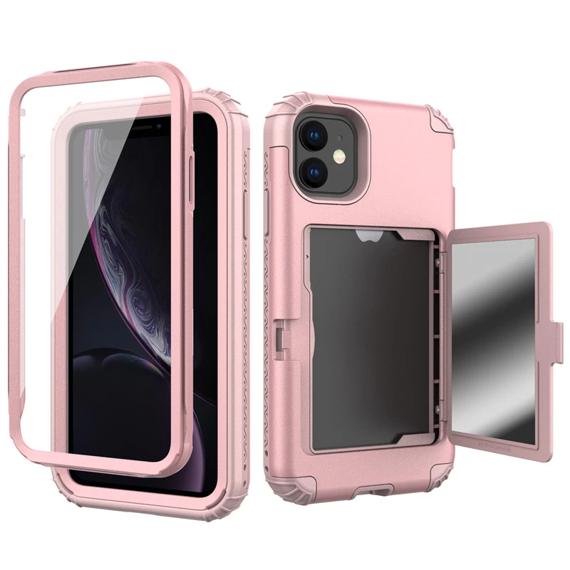 iPhone 11 Promax 12 x xr xsmax 6 7 8 Plus Front&Back 360 Protection Phone Case PU Silicon Wallet Card Slot Holder Make Up Mirror iphone 8 plus wallet case