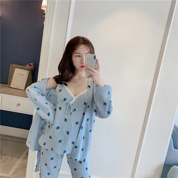 

Pajamas women fresh and sweet home service three-piece cute sling robe long-sleeved comfortable pajamas winter pajamas