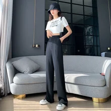 

High Waist Women's Pants 2021 Autumn New Solid Pocket Buttons Loose Straight-leg Pants Casual Wide Legs Long Pants Suits