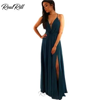 

Real Rill Spaghetti Straps V-Neck Prom Dresses 2019 Chifon Sexy Side Split Lace Up Back Floor Length Evening Gown Long Dress