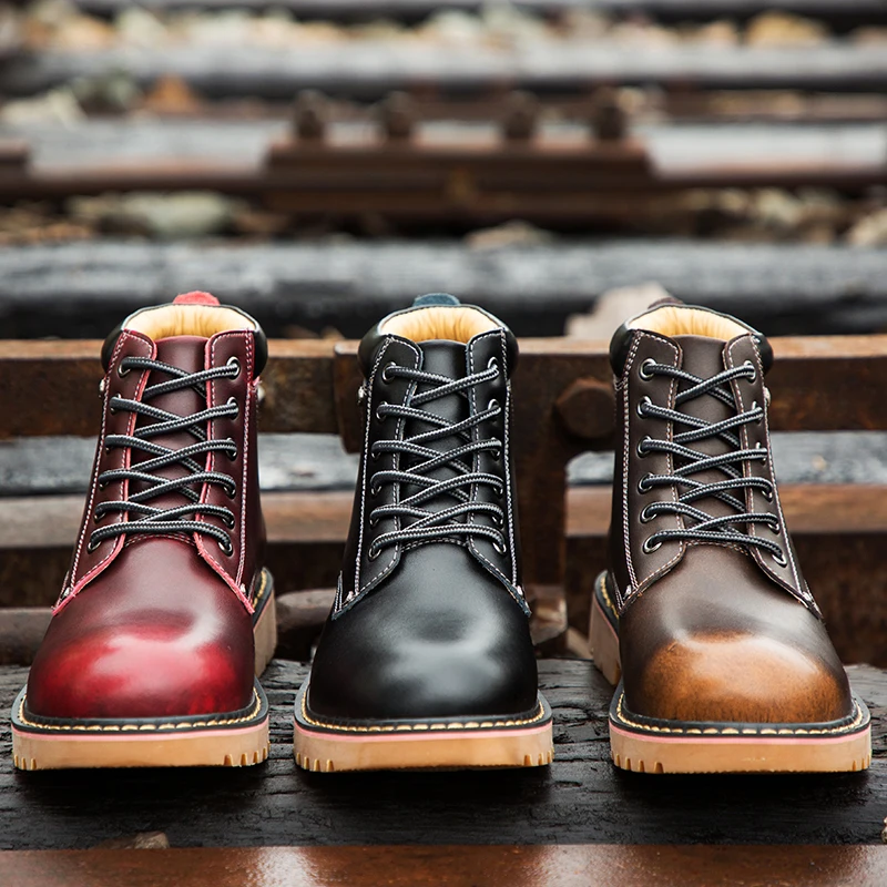 

Men's Snow Boots 2019 British Genuine Leather Wool Warm Boots Handsome Stylish Lace-Up Spring Motorcycle Safety Boots